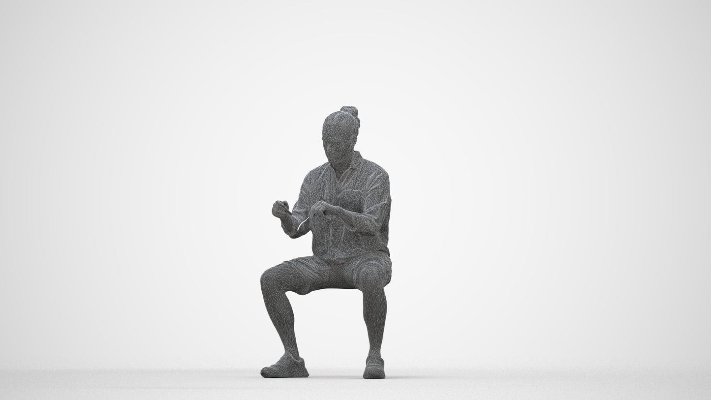 3D people model man casual sitting, scanned human for 3ds Max rendering, wireframe back view