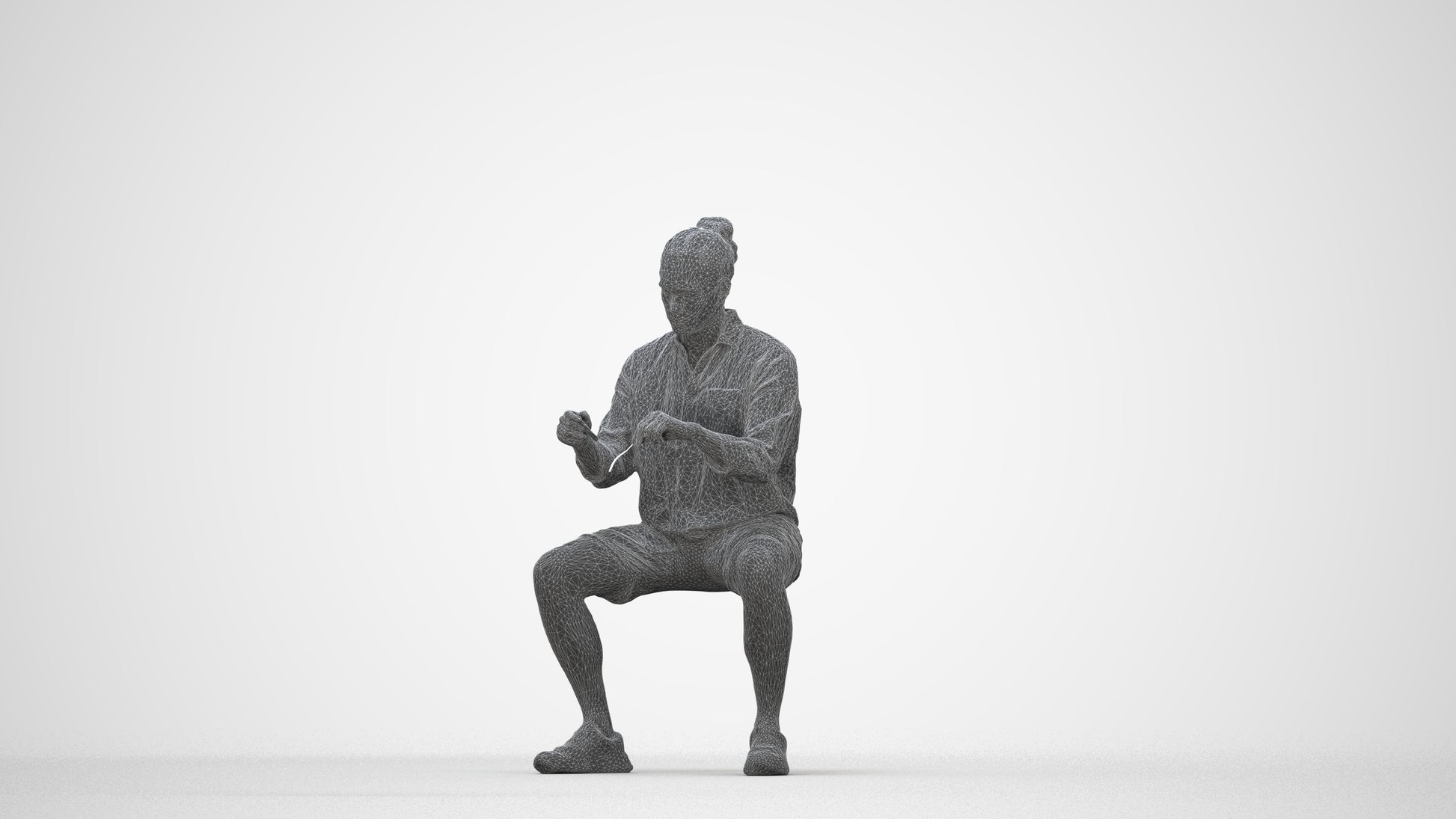 3D people model man casual sitting, scanned human for 3ds Max rendering, wireframe back view