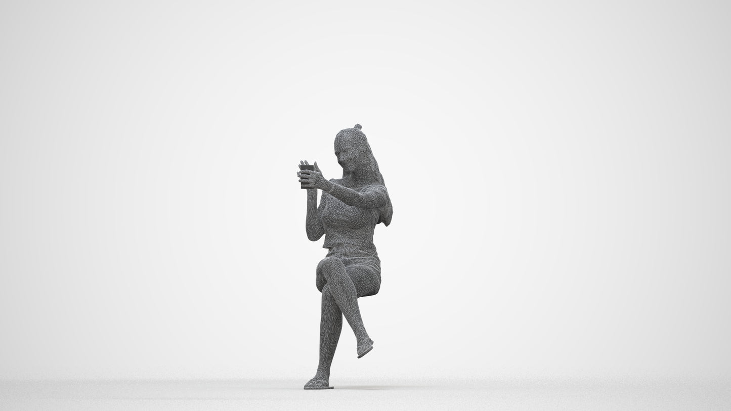 realistic 3D human girl casual sitting, archviz people FBX OBJ for Blender, wireframe back view