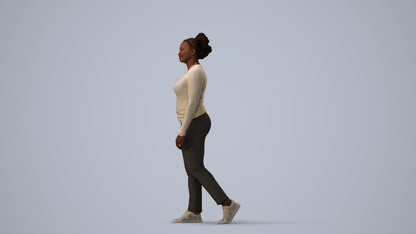 3D scanned woman walking casual, photorealistic archviz people for Enscape and SketchUp, three-quarter view render
