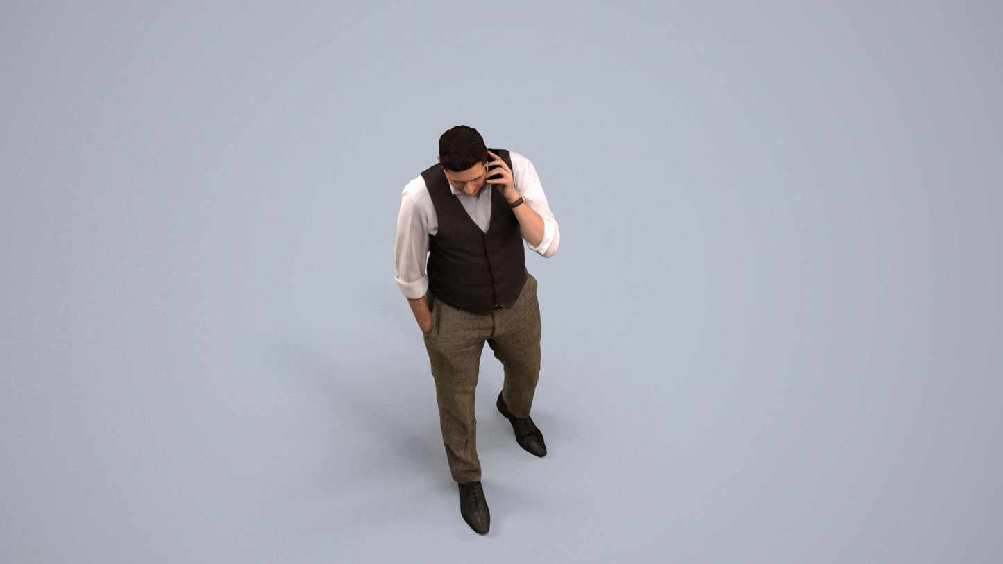 3D human model man business walking, photogrammetry scanned person for archviz, back view render