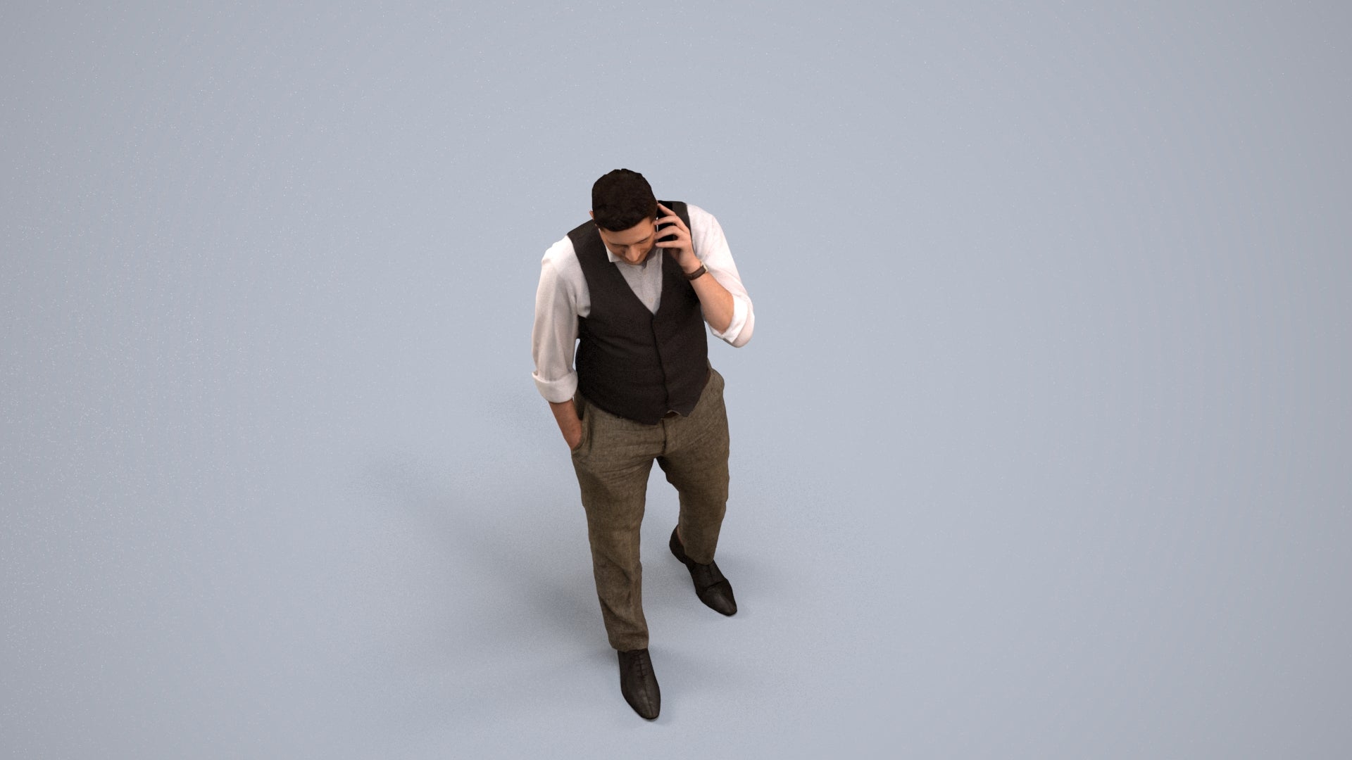 3D human model man business walking, photogrammetry scanned person for archviz, back view render