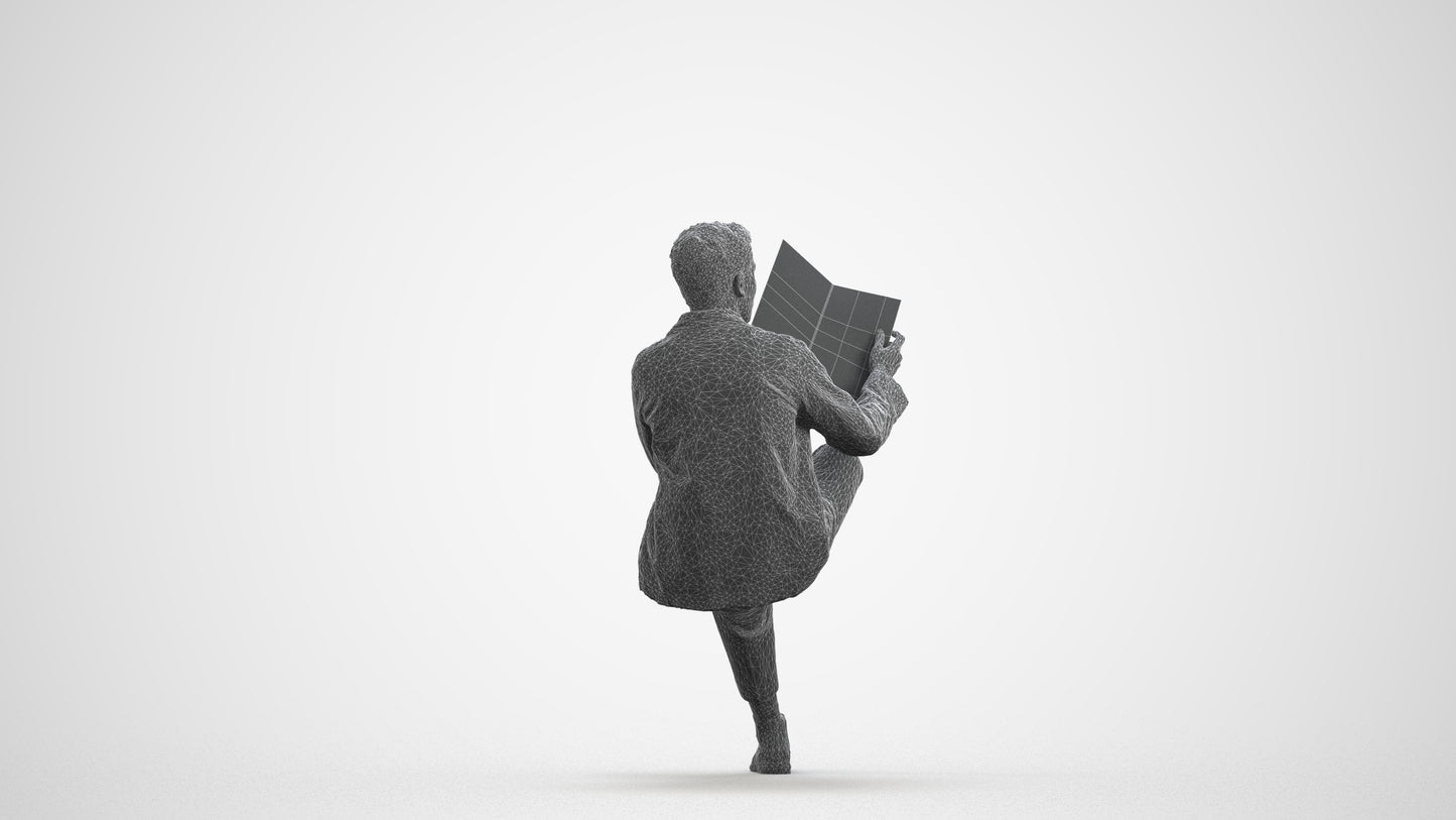 photogrammetry 3D man casual sitting, realistic human model archviz FBX, wireframe front view