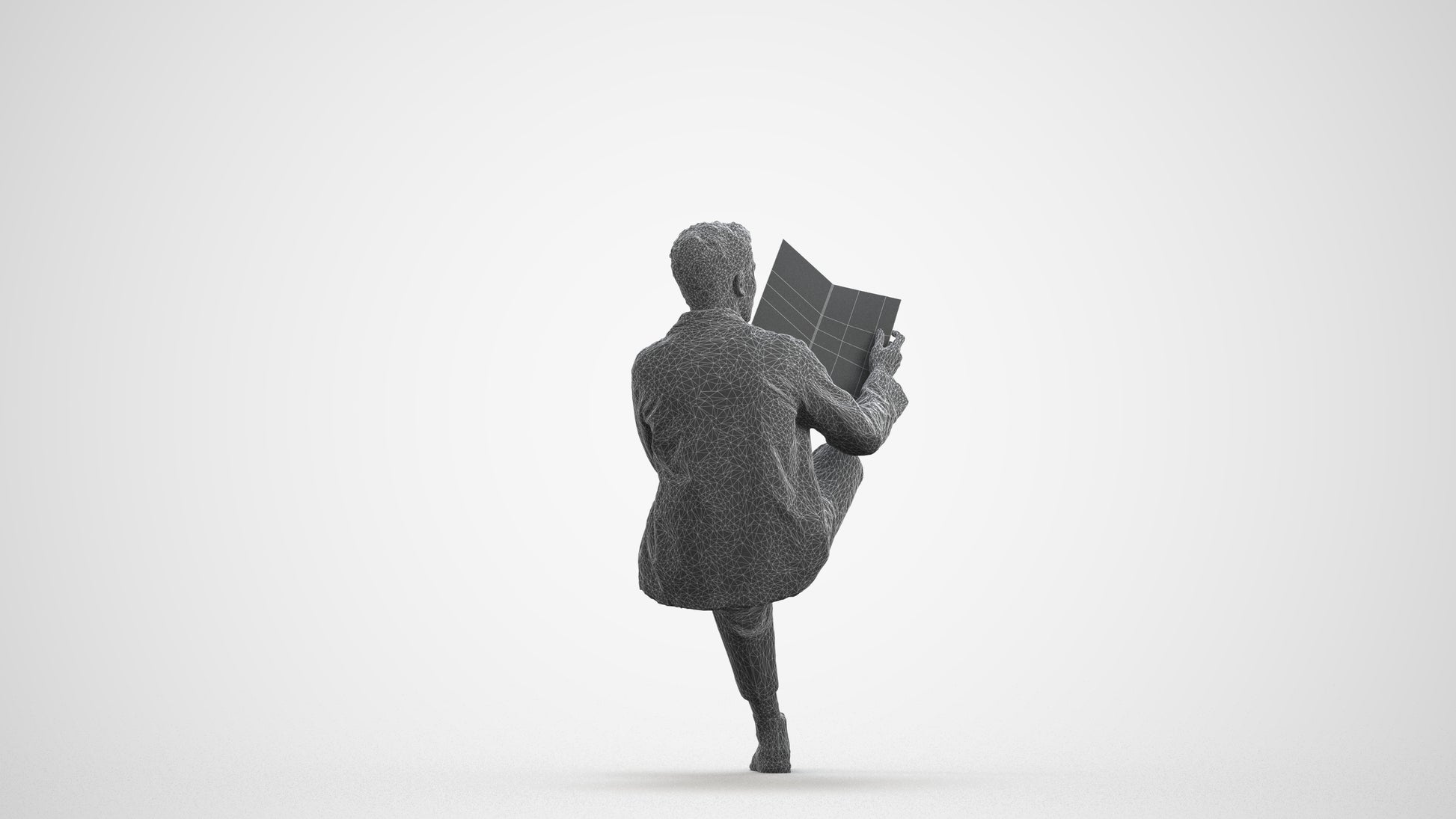 photogrammetry 3D man casual sitting, realistic human model archviz FBX, wireframe front view