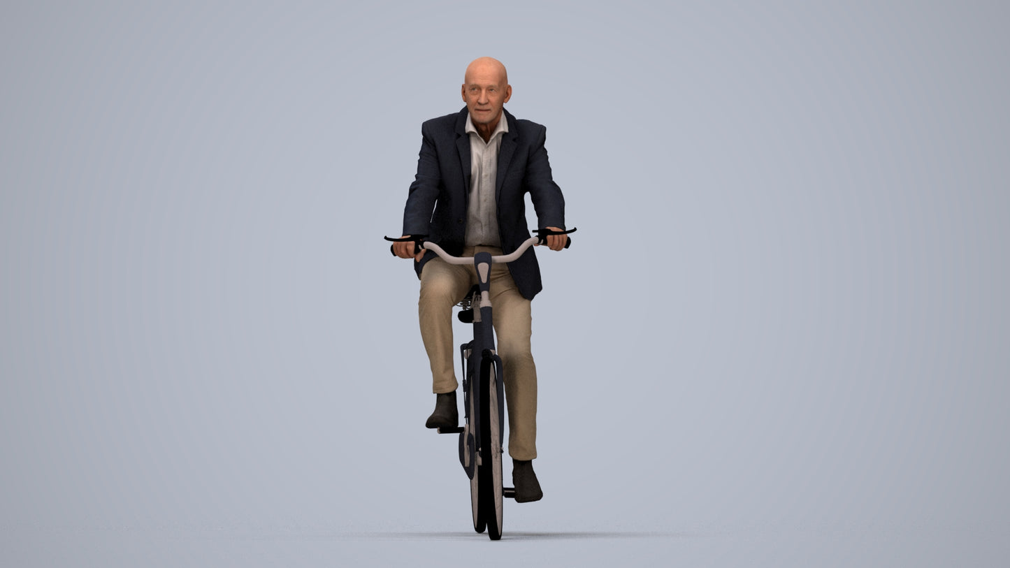 realistic 3D senior man business cycling, scanned archviz people for Blender and 3ds Max, top-down view render