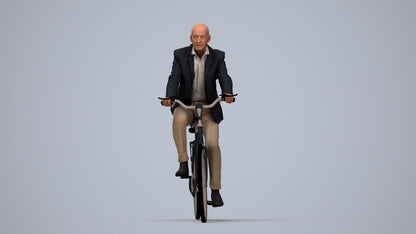 realistic 3D senior man business cycling, scanned archviz people for Blender and 3ds Max, top-down view render