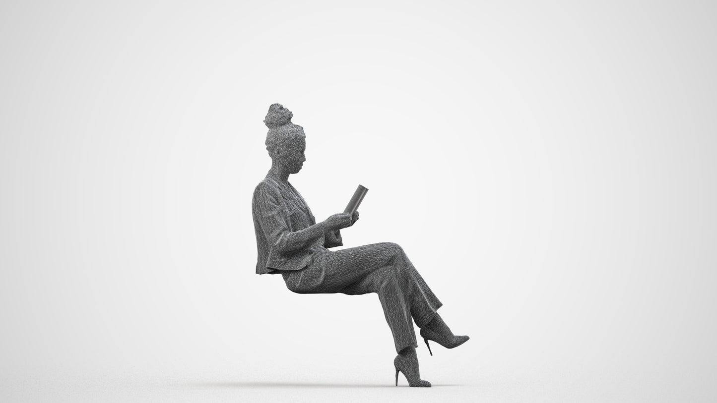 3D scanned woman business, photorealistic archviz people for Enscape and SketchUp, wireframe side view