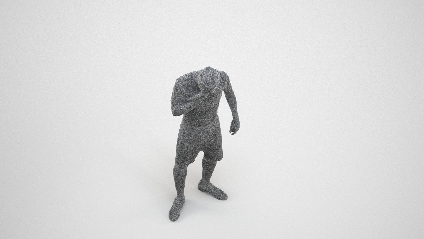 3D human model man sport, photogrammetry scanned person for archviz, wireframe three-quarter view