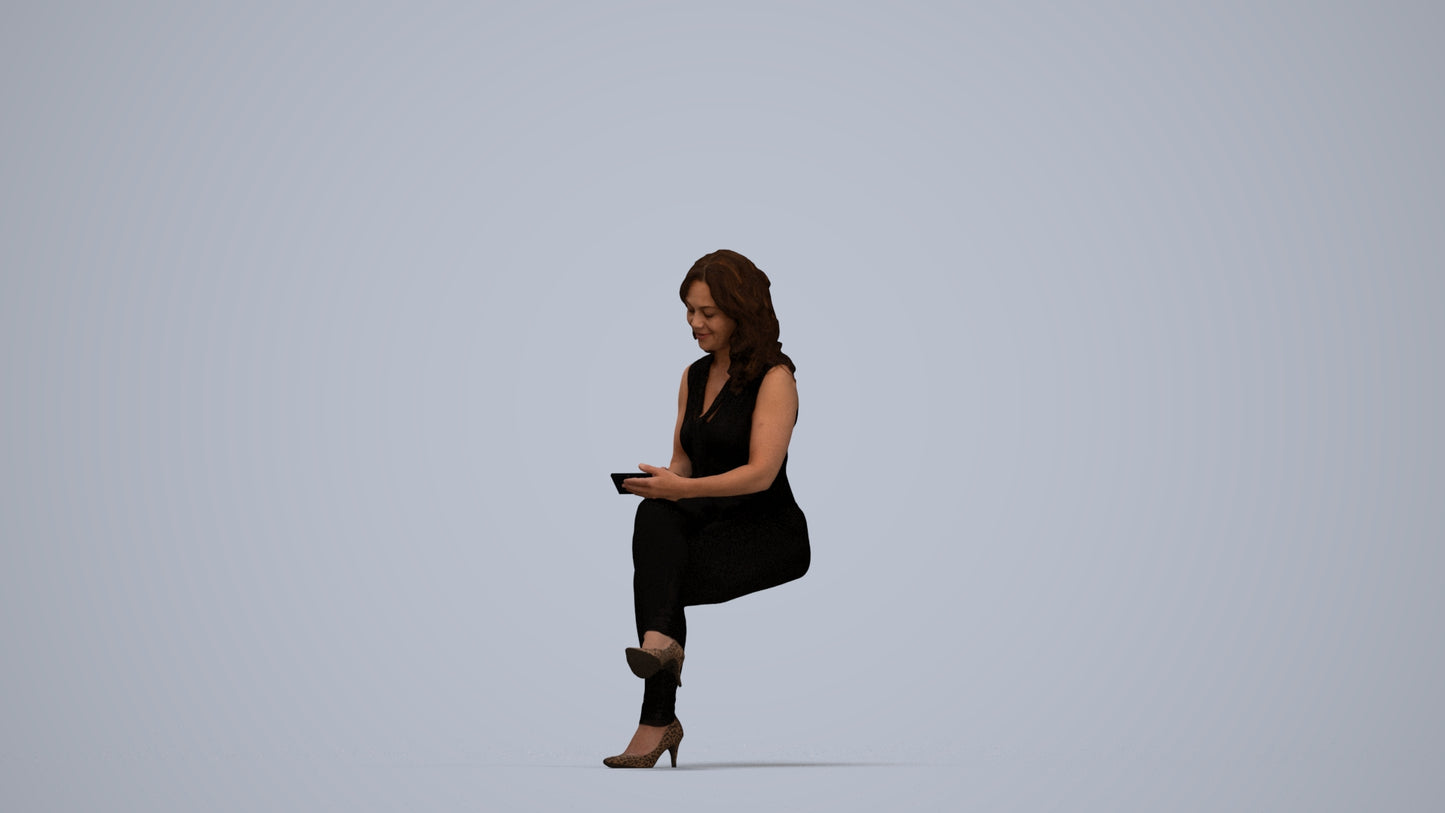 realistic 3D woman casual sitting, scanned archviz people for Blender and 3ds Max, top-down view render