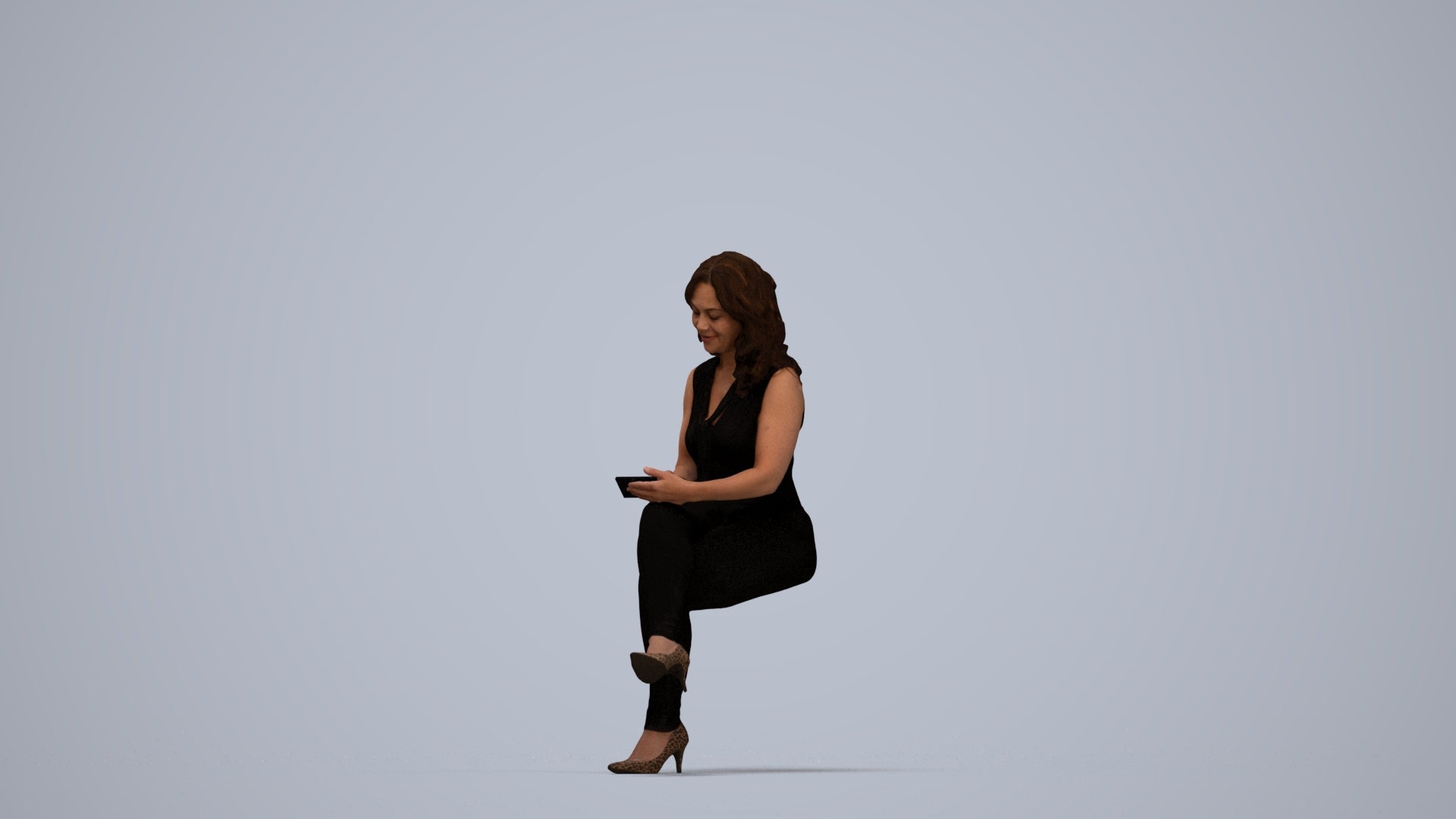 realistic 3D woman casual sitting, scanned archviz people for Blender and 3ds Max, top-down view render