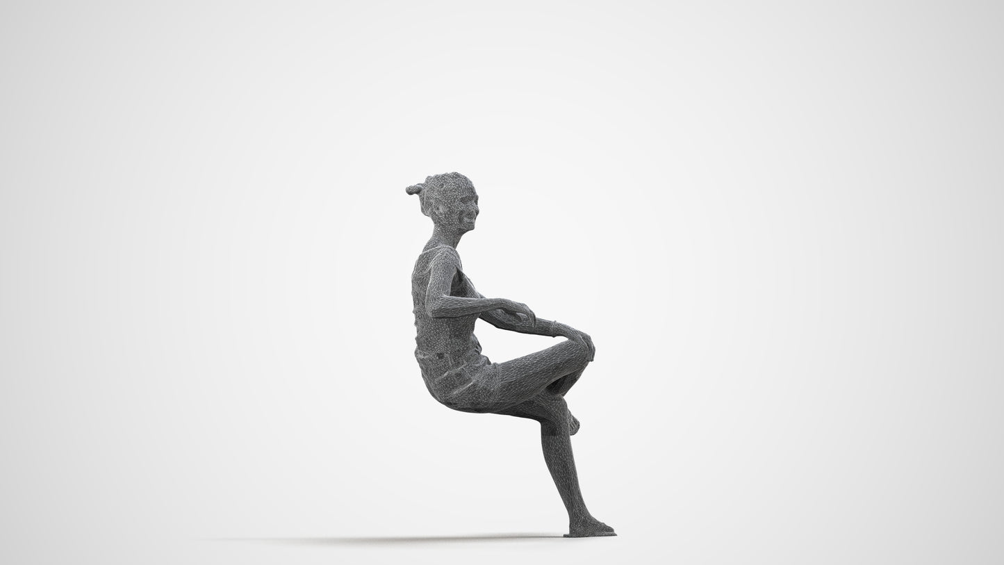 3D scanned girl sitting casual, photorealistic archviz people for Enscape and SketchUp, wireframe side view