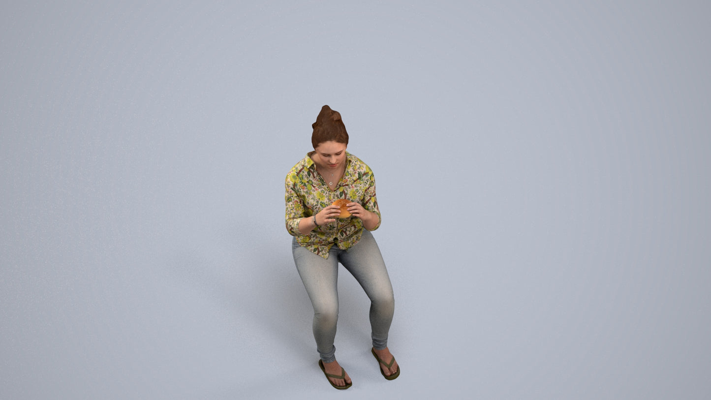 realistic 3D human woman casual sitting, archviz people FBX OBJ for Blender, back view render