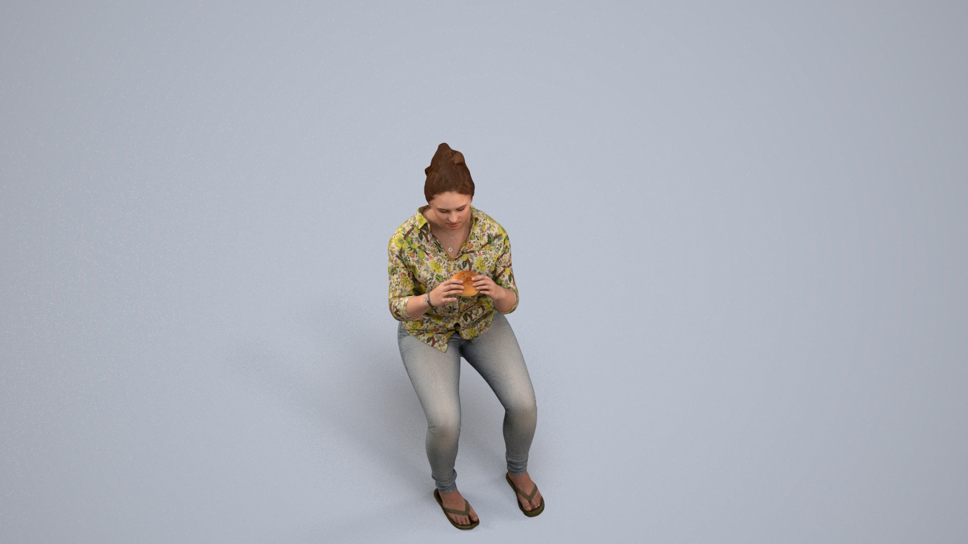 realistic 3D human woman casual sitting, archviz people FBX OBJ for Blender, back view render