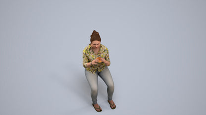 realistic 3D human woman casual sitting, archviz people FBX OBJ for Blender, back view render
