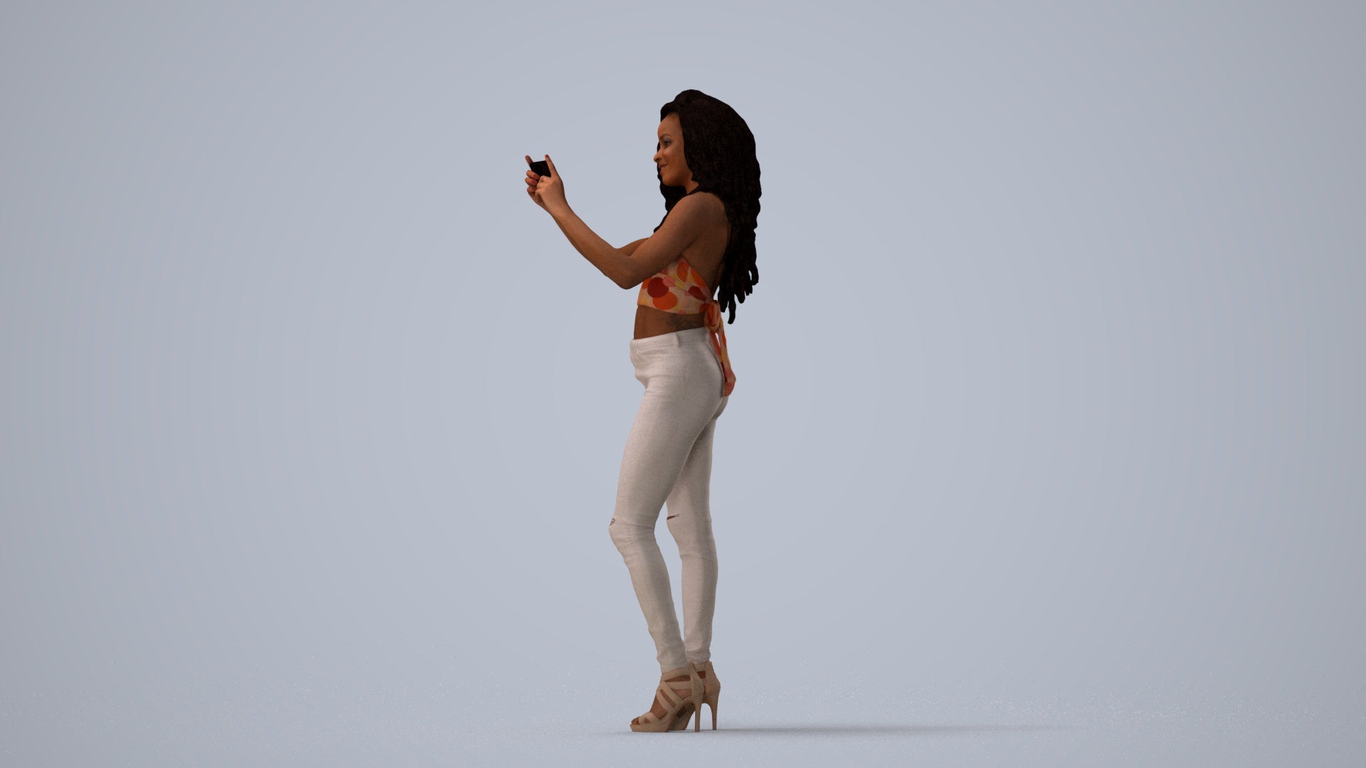 realistic 3D woman casual standing, scanned archviz people for Blender and 3ds Max, three-quarter view render