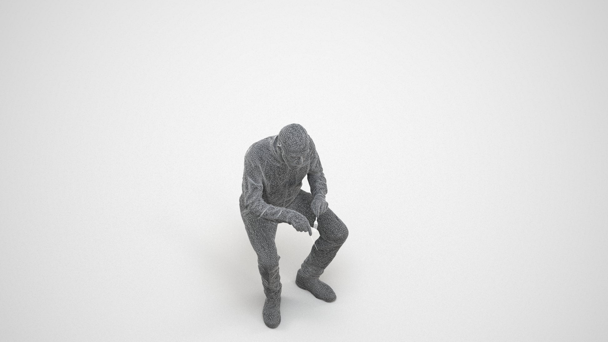 3D human model senior man casual sitting, photogrammetry scanned person for archviz, wireframe three-quarter view