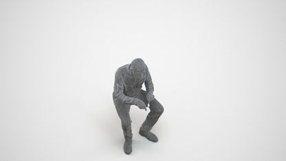 3D human model senior man casual sitting, photogrammetry scanned person for archviz, wireframe three-quarter view