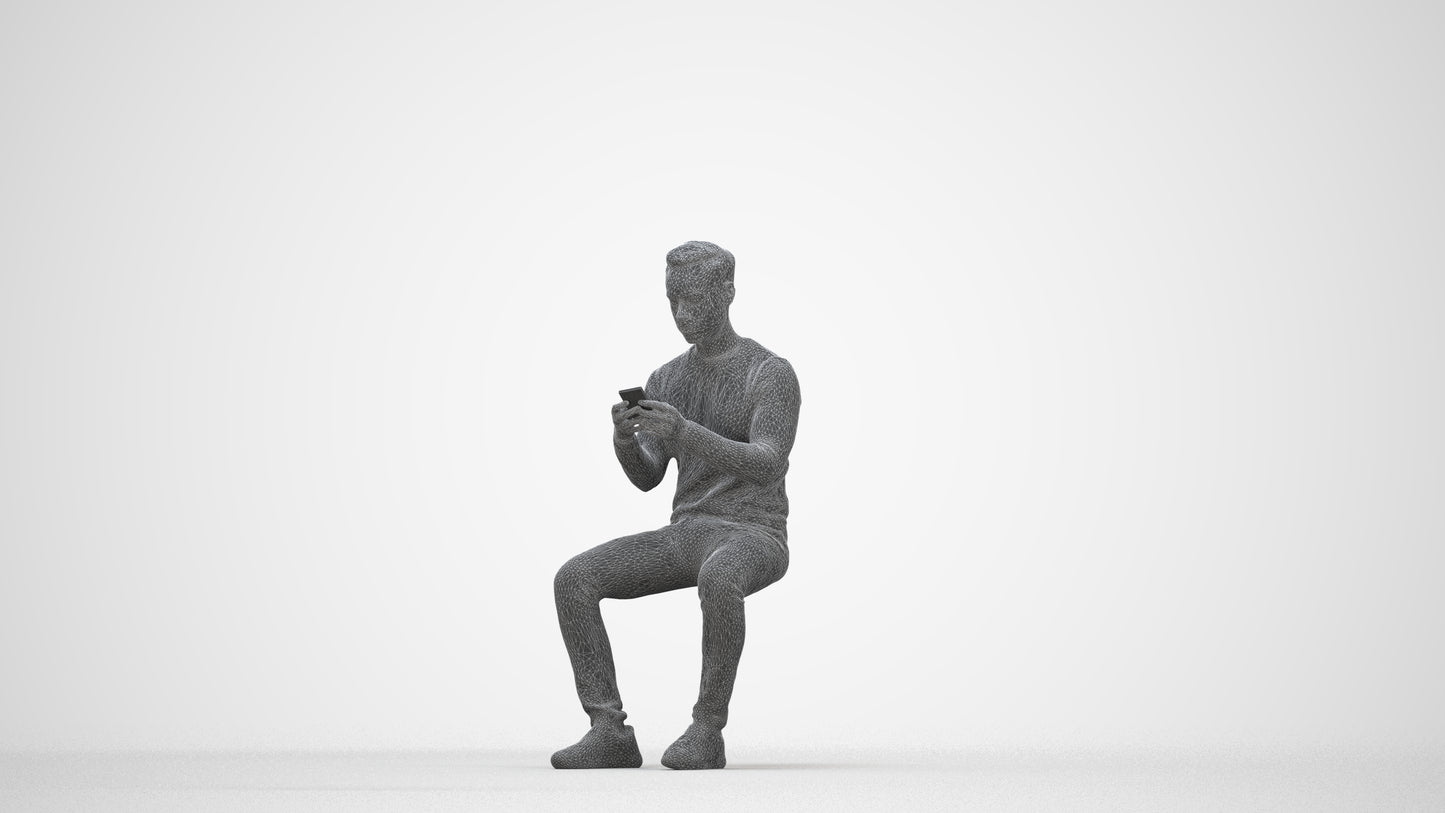 photogrammetry 3D man casual sitting, realistic human model archviz FBX, wireframe back view