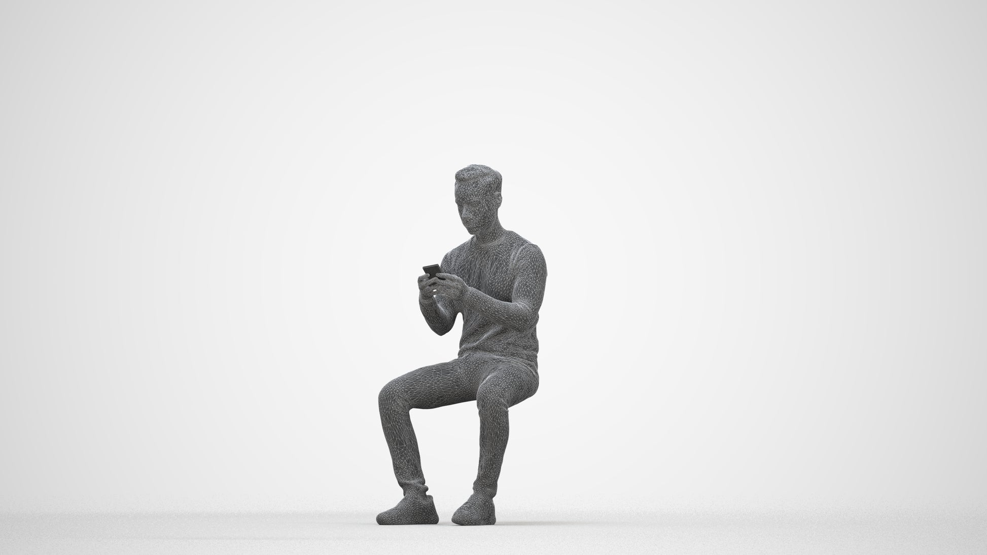 photogrammetry 3D man casual sitting, realistic human model archviz FBX, wireframe back view