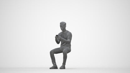photogrammetry 3D man casual sitting, realistic human model archviz FBX, wireframe back view