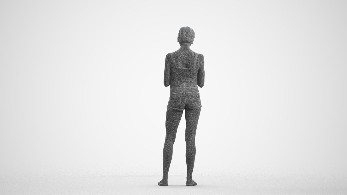 3D human model woman casual standing, photogrammetry scanned person for archviz, wireframe front view