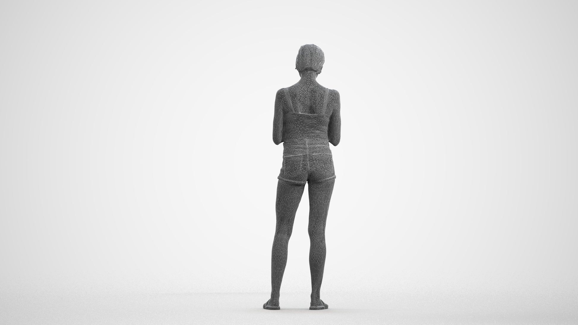 3D human model woman casual standing, photogrammetry scanned person for archviz, wireframe front view