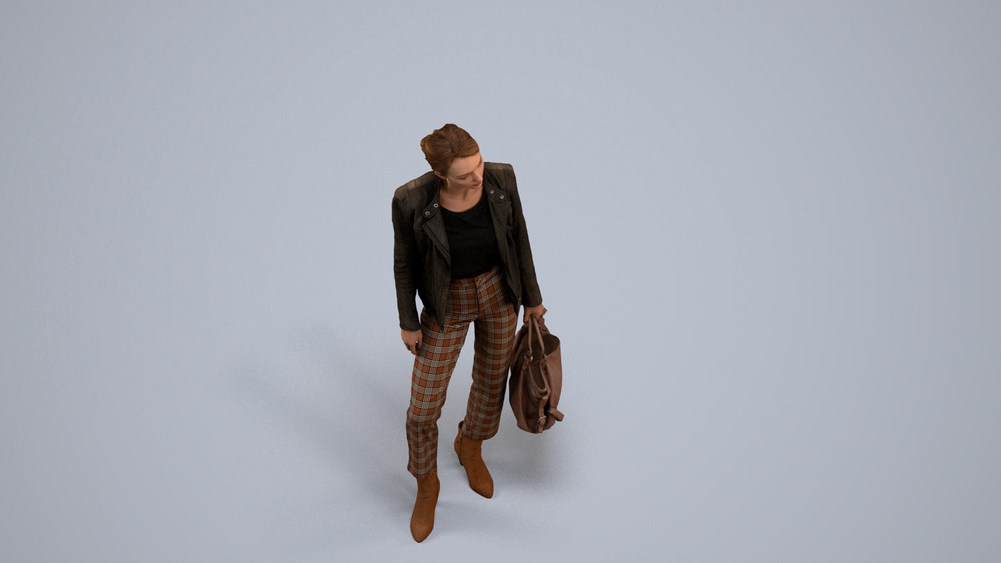 realistic 3D human woman business standing, archviz people FBX OBJ for Blender, back view render