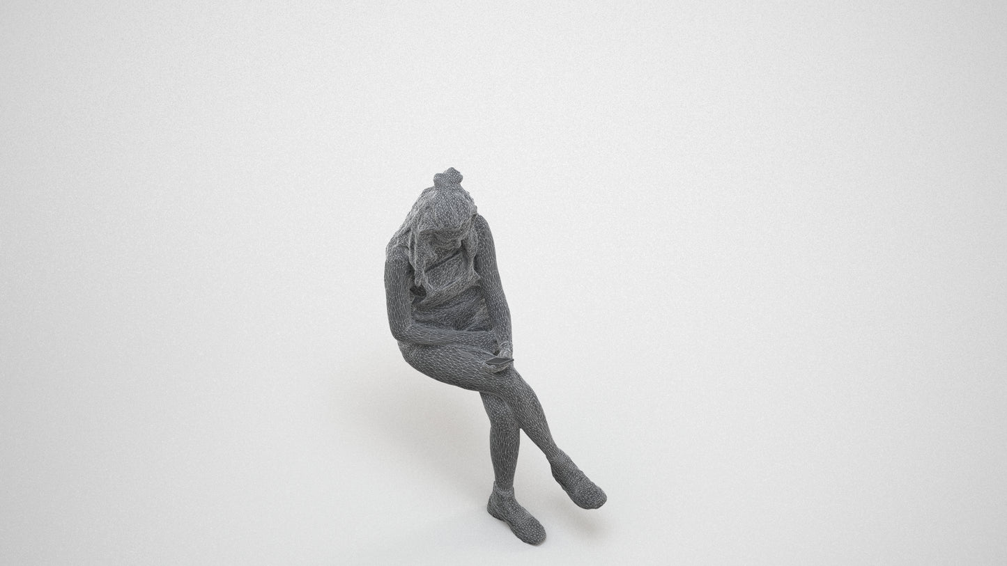 realistic 3D woman casual sitting, scanned archviz people for Blender and 3ds Max, wireframe three-quarter view