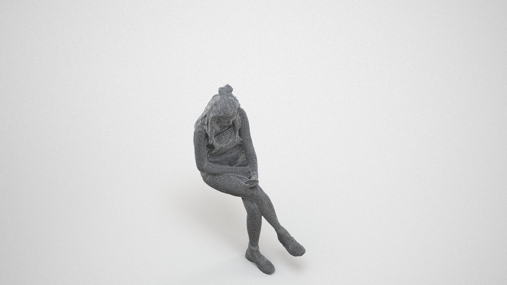 realistic 3D woman casual sitting, scanned archviz people for Blender and 3ds Max, wireframe three-quarter view