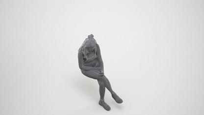 realistic 3D woman casual sitting, scanned archviz people for Blender and 3ds Max, wireframe three-quarter view