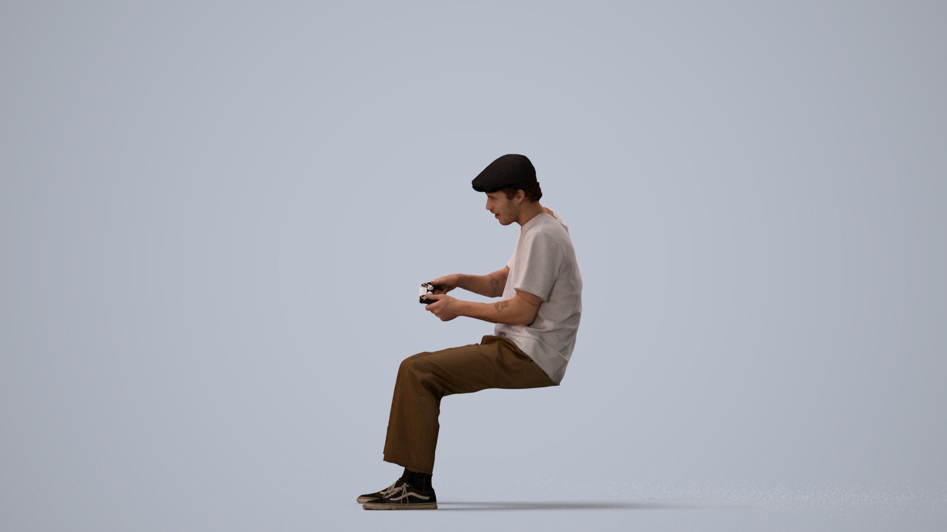 scanned 3D man casual sitting, photogrammetry people for Enscape and V-Ray, three-quarter view render