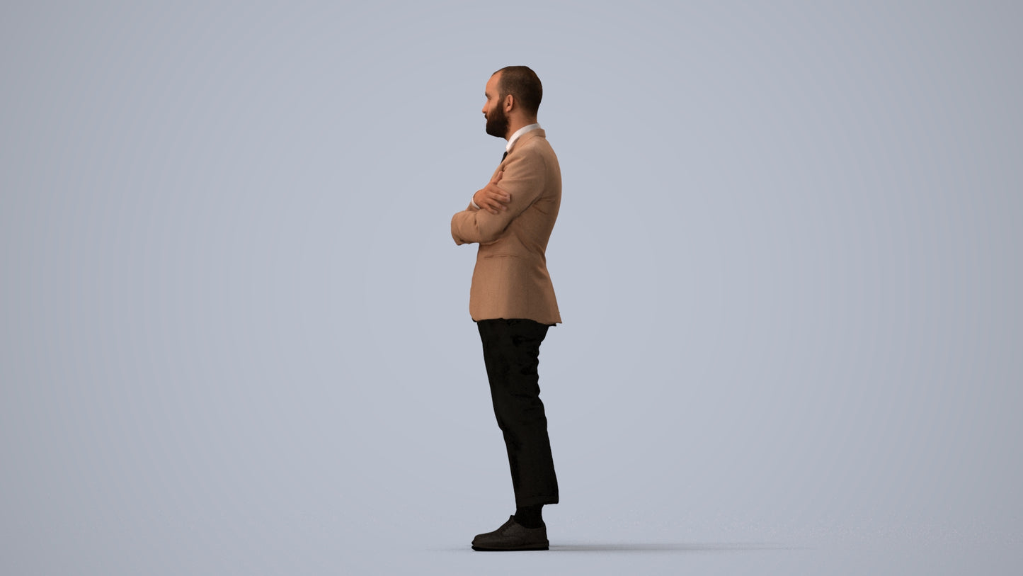 3D human model man business, photogrammetry scanned person for archviz, three-quarter view render