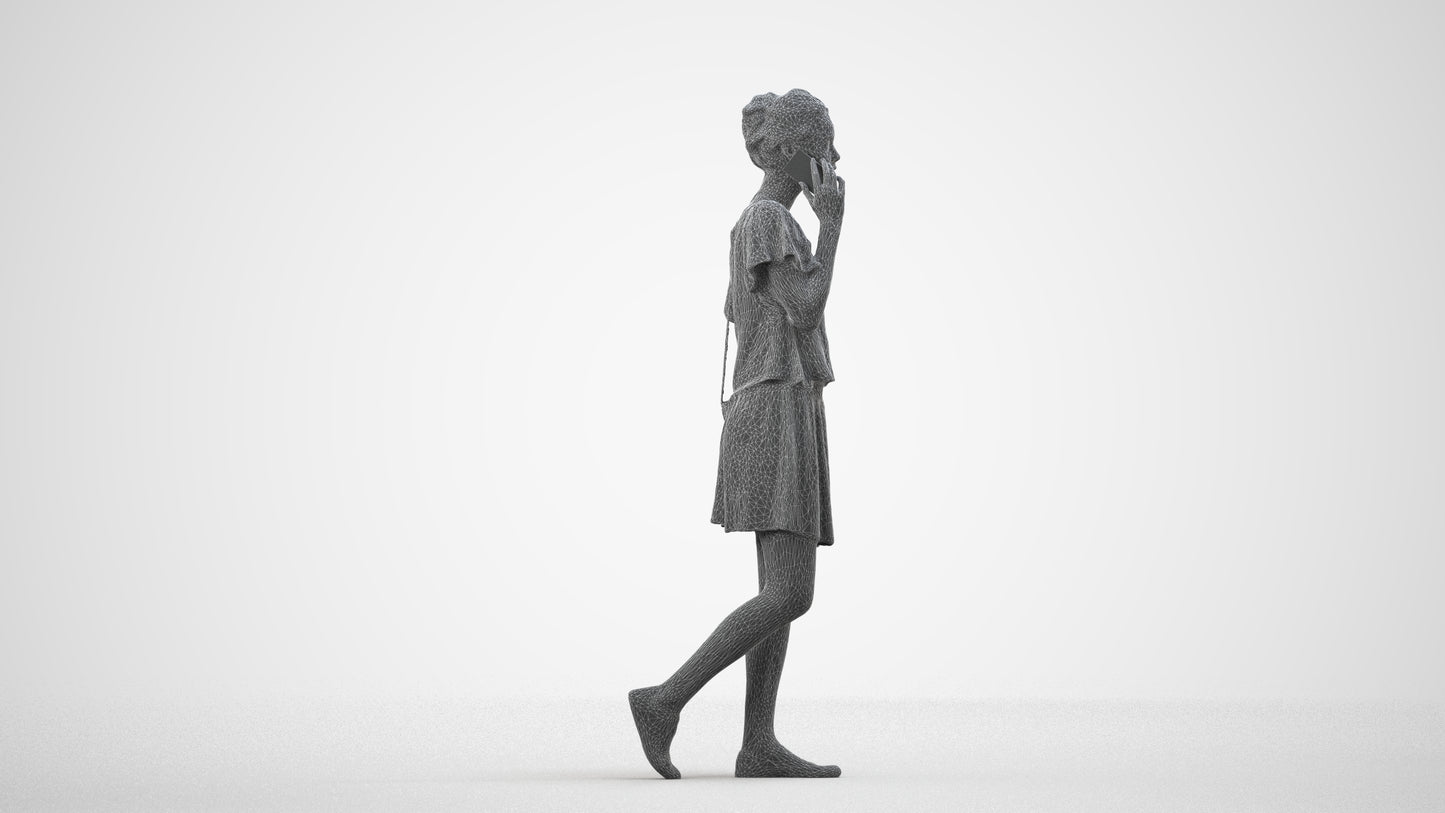 3D people model woman casual walking, scanned human for 3ds Max rendering, wireframe side view