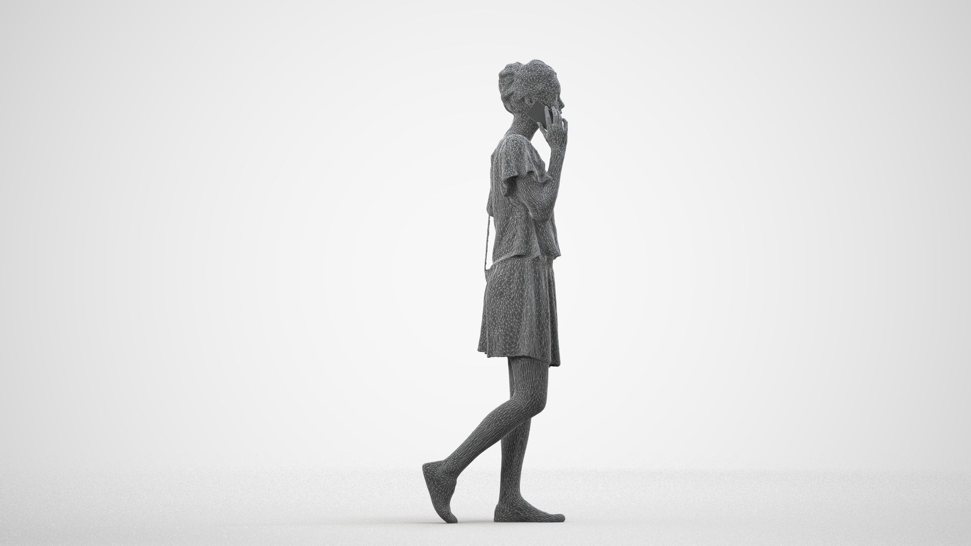 3D people model woman casual walking, scanned human for 3ds Max rendering, wireframe side view