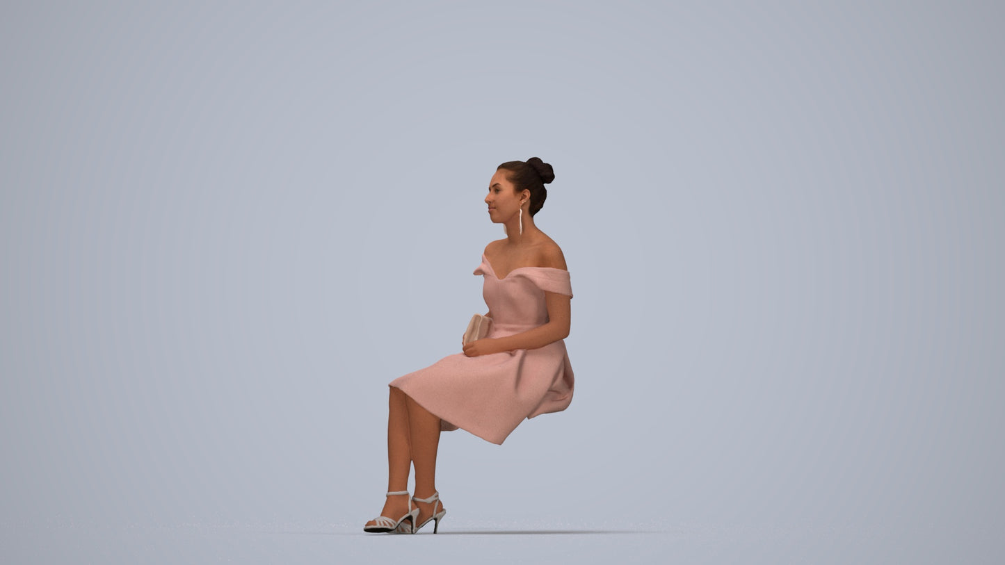 3D human model woman formal, photogrammetry scanned person for archviz, top-down view render