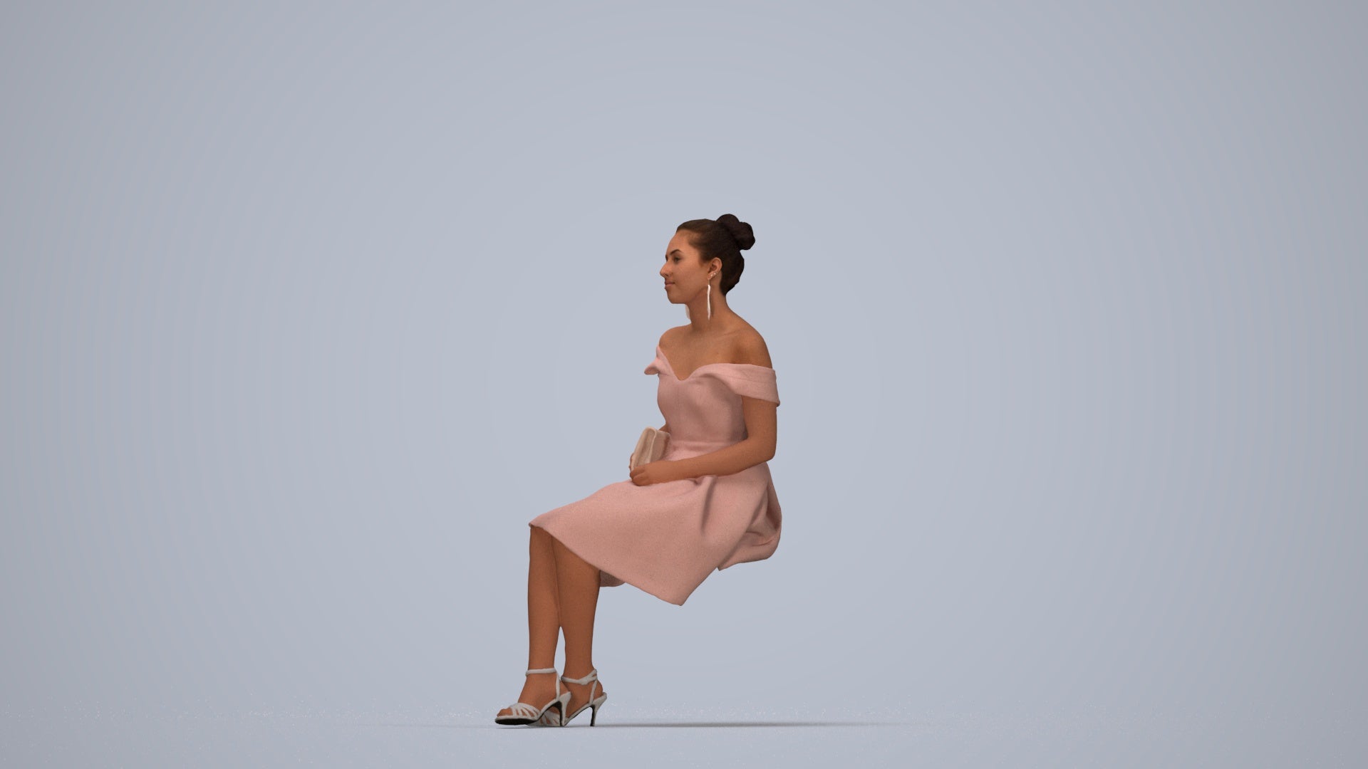 3D human model woman formal, photogrammetry scanned person for archviz, top-down view render