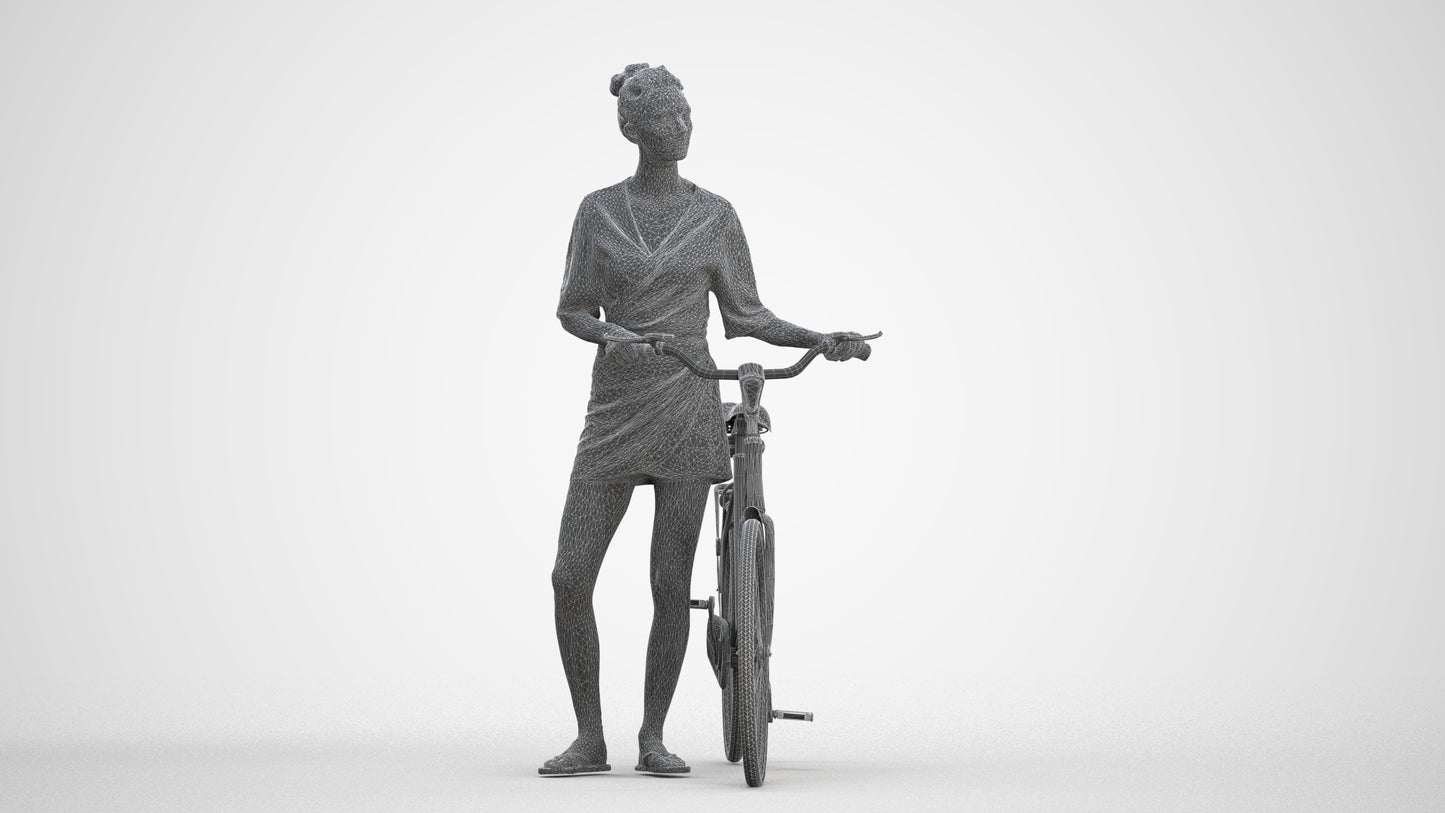 scanned 3D woman casual cycling, photogrammetry people for Enscape and V-Ray, three-quarter front view render