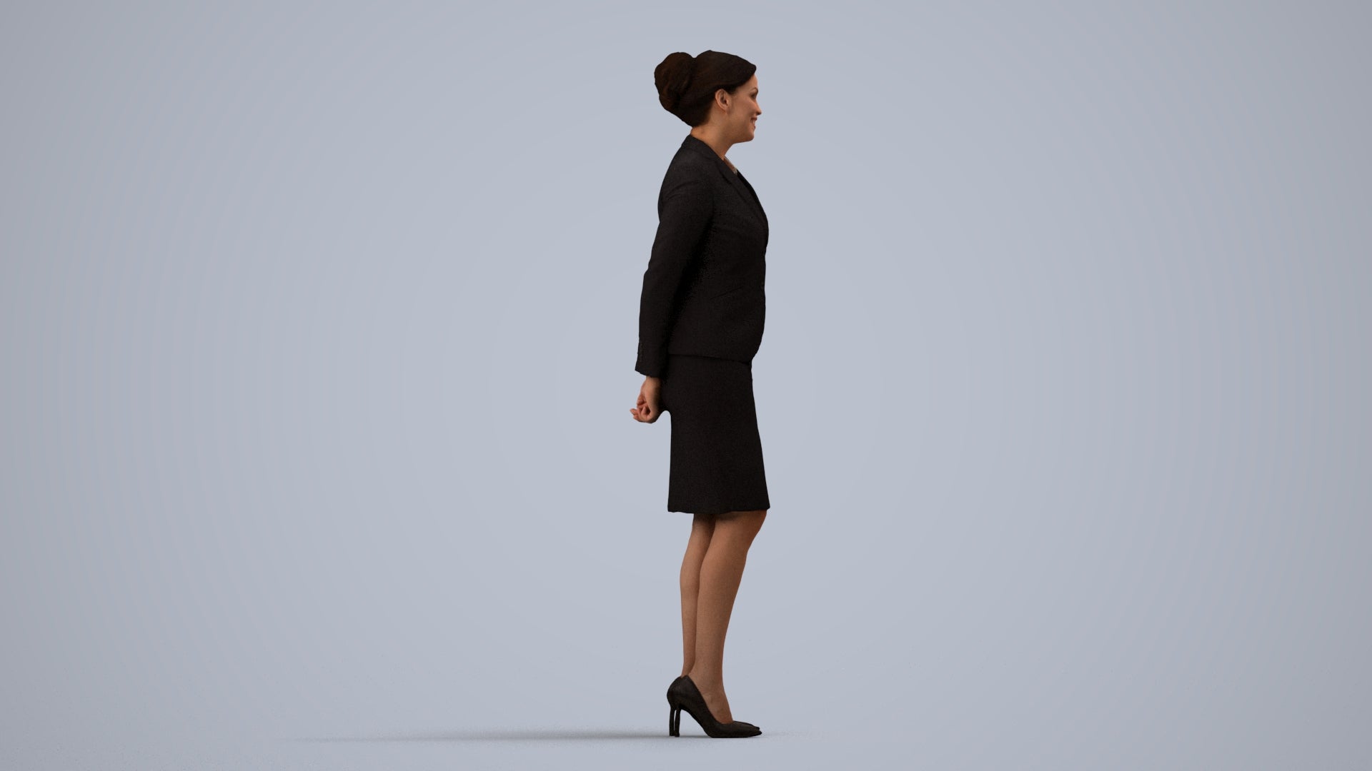 realistic 3D woman hospitality, scanned archviz people for Blender and 3ds Max, side view render