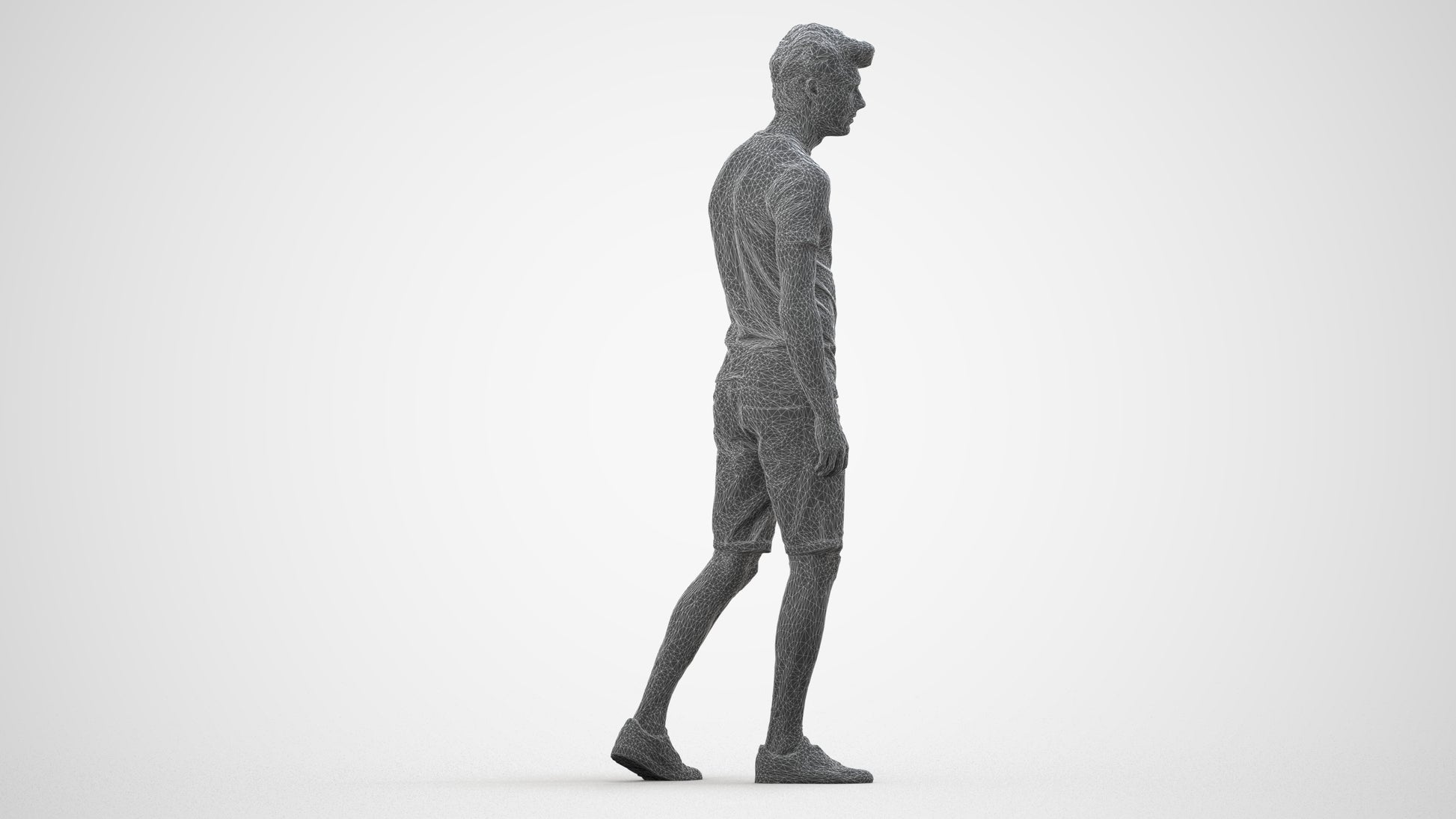 photogrammetry 3D man casual walking, realistic human model archviz FBX, wireframe side view