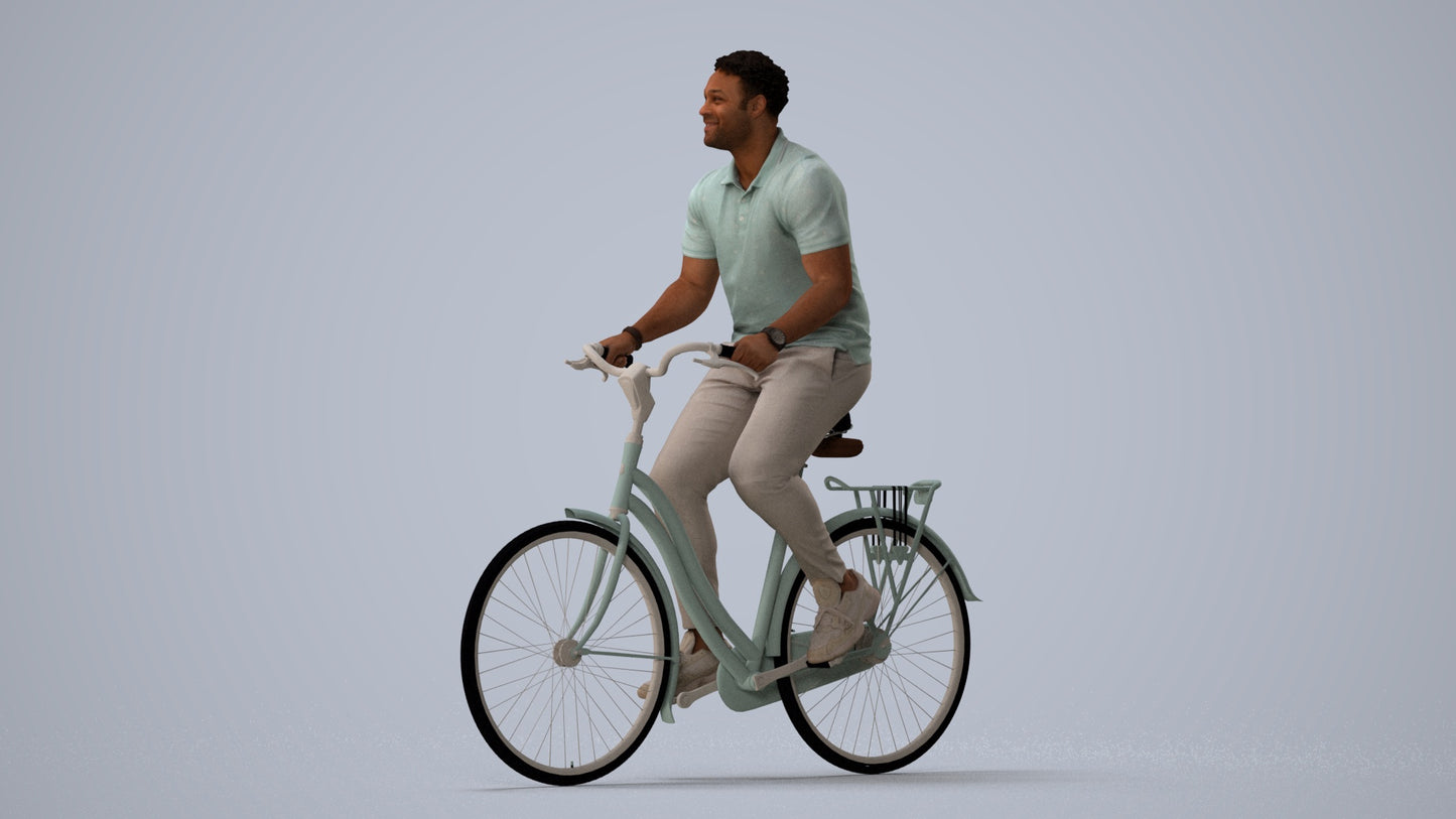 scanned 3D man casual cycling, photogrammetry people for Enscape and V-Ray, three-quarter view render