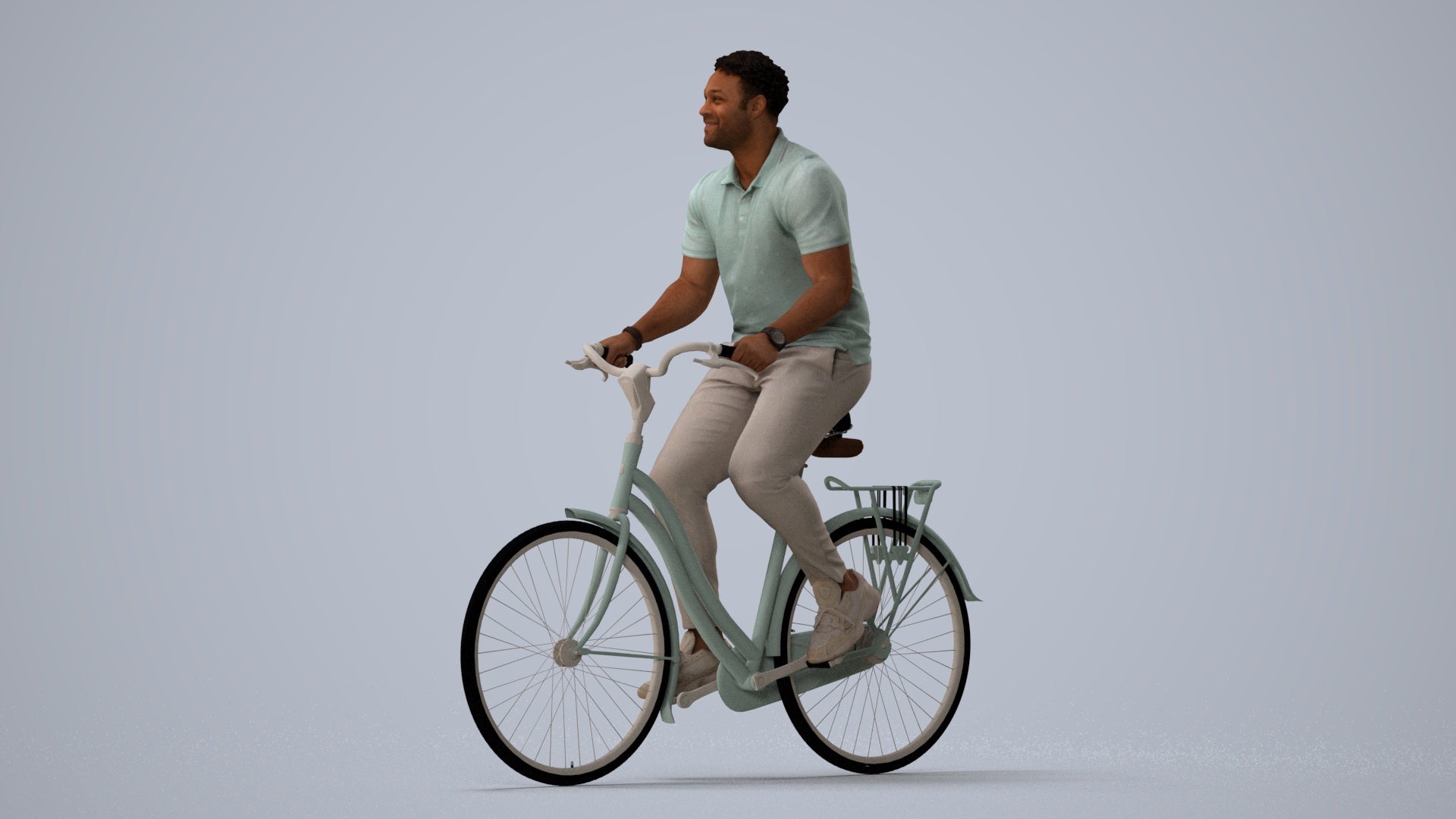 scanned 3D man casual cycling, photogrammetry people for Enscape and V-Ray, three-quarter view render