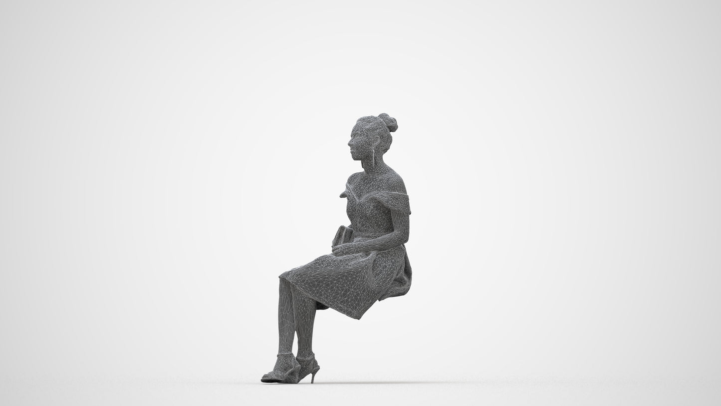3D human model woman formal, photogrammetry scanned person for archviz, wireframe back view