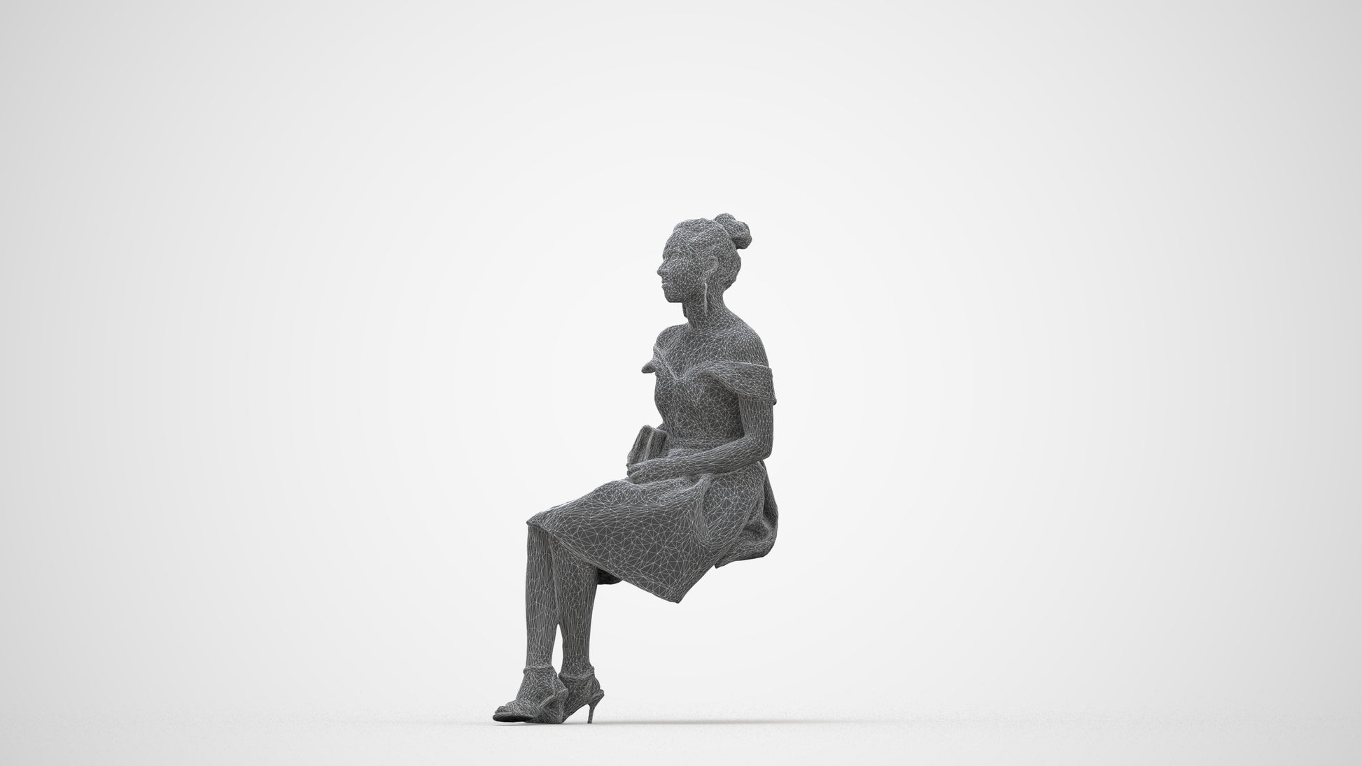 3D human model woman formal, photogrammetry scanned person for archviz, wireframe back view
