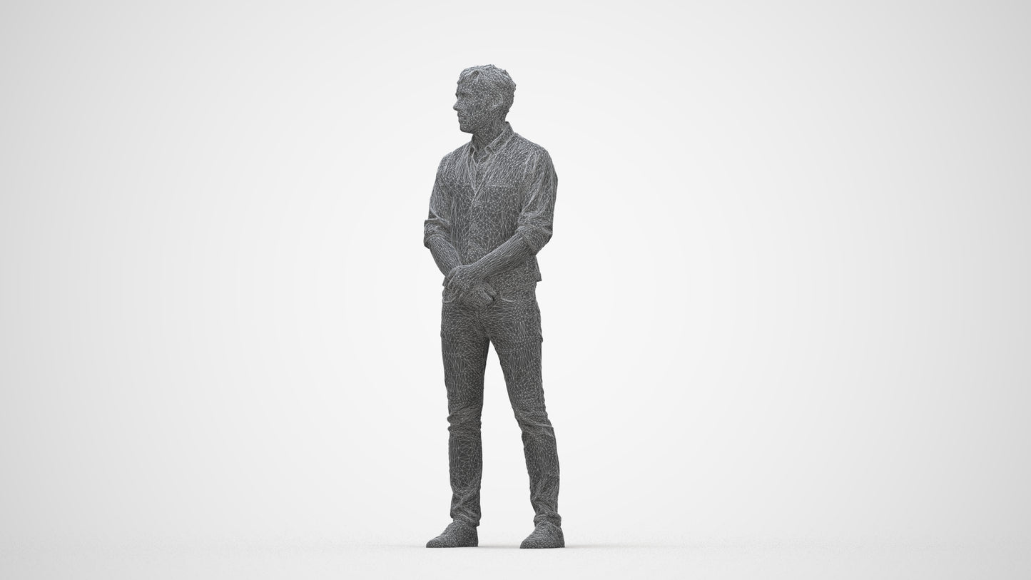 scanned 3D man casual standing, photogrammetry people for Enscape and V-Ray, wireframe back view