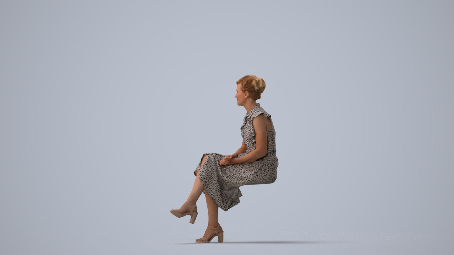 realistic 3D human woman casual sitting, archviz people FBX OBJ for Blender, three-quarter view render