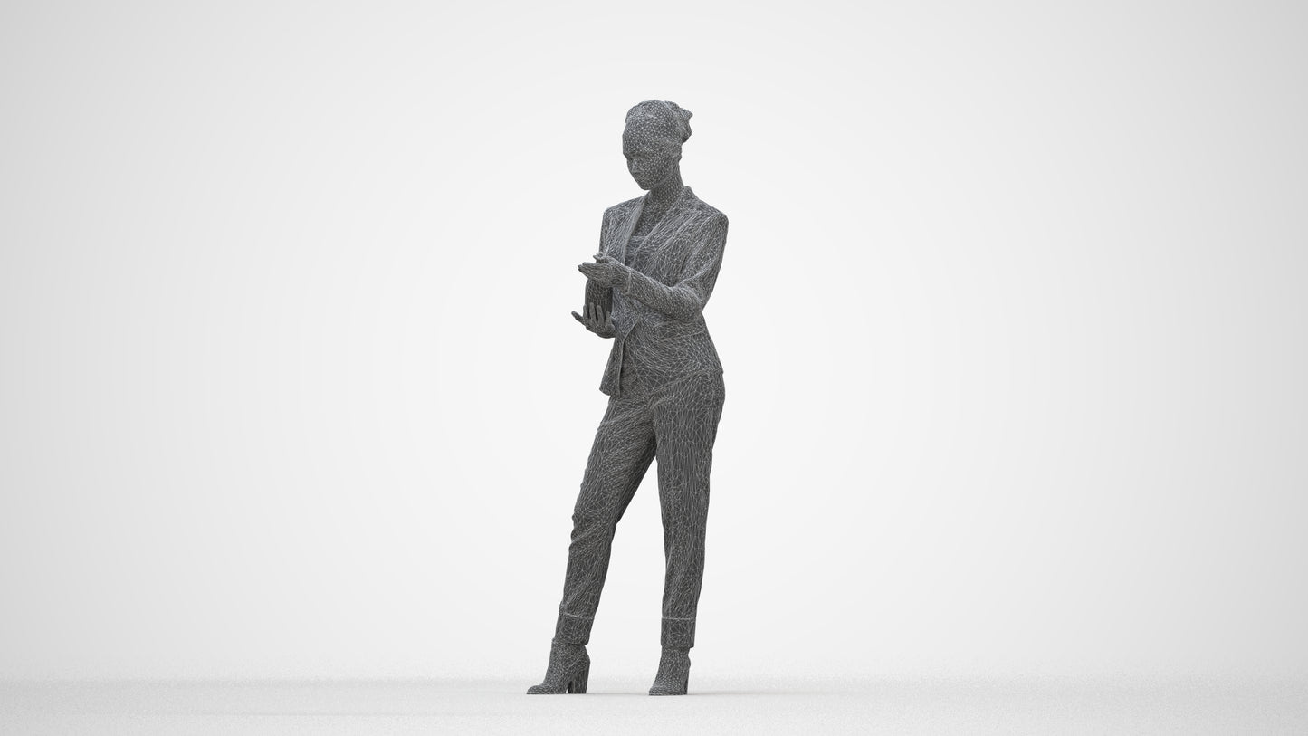 realistic 3D human woman business standing, archviz people FBX OBJ for Blender, wireframe back view