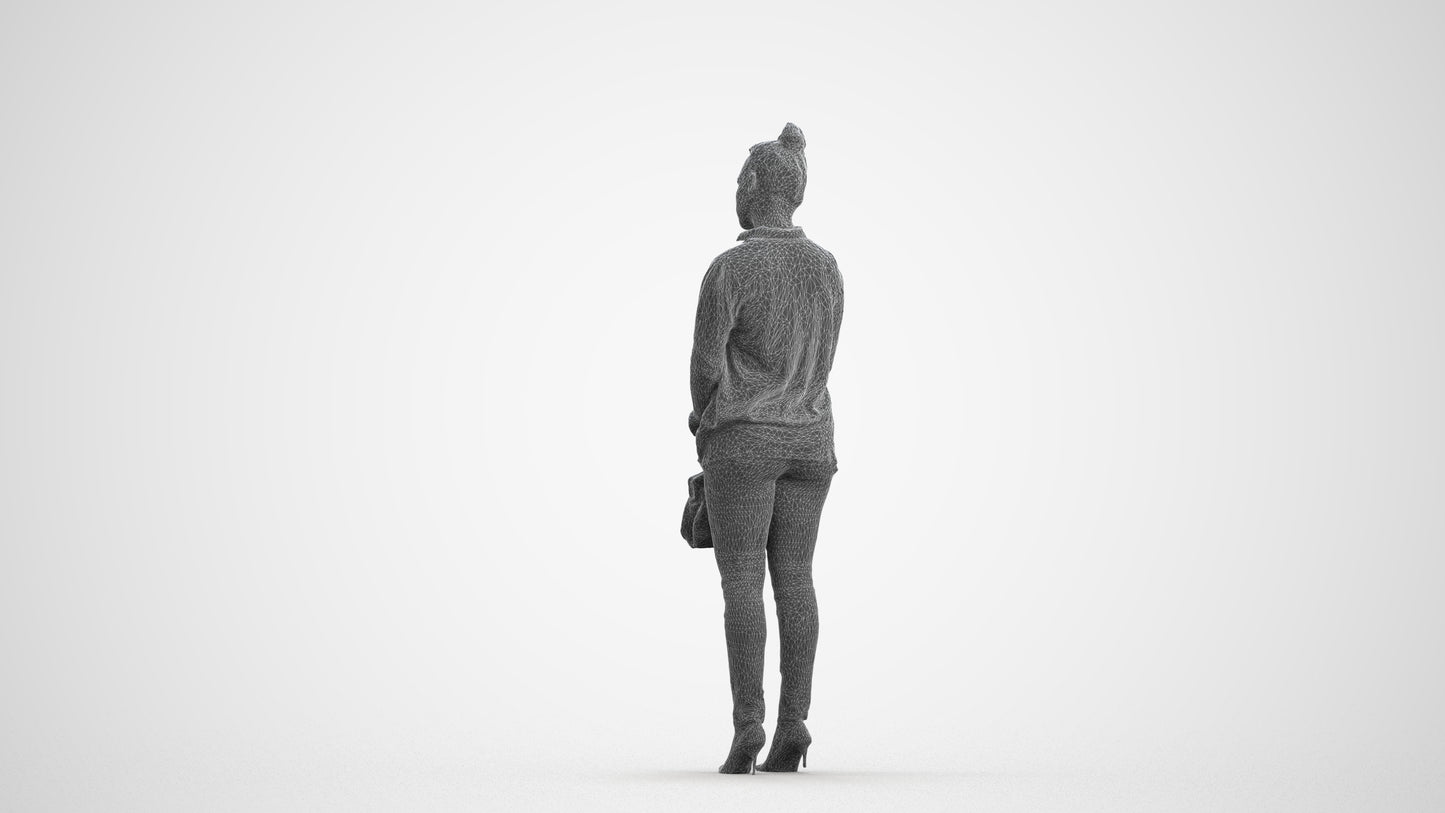 3D human model woman business standing, photogrammetry scanned person for archviz, wireframe front view