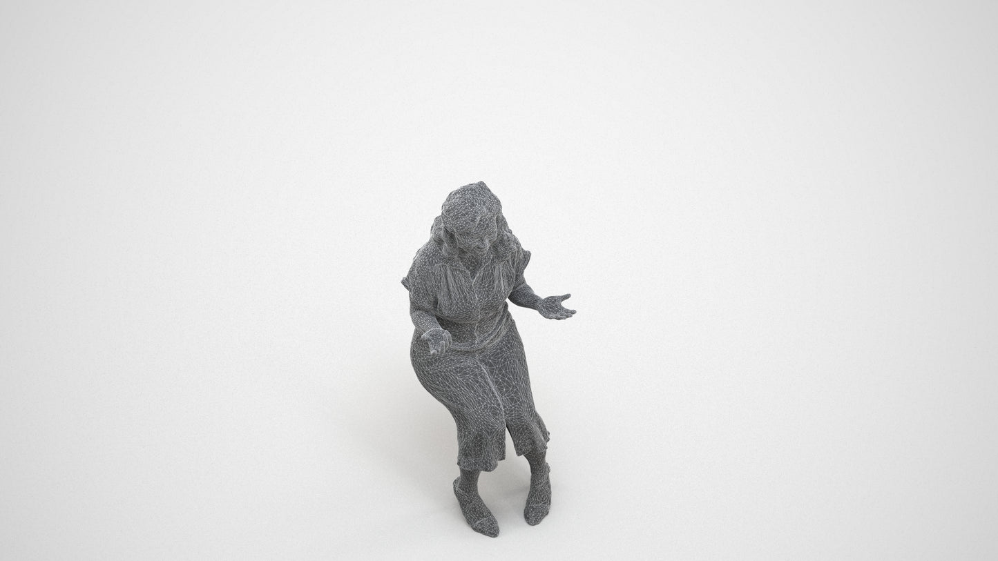 3D human model woman casual sitting, photogrammetry scanned person for archviz, wireframe three-quarter view