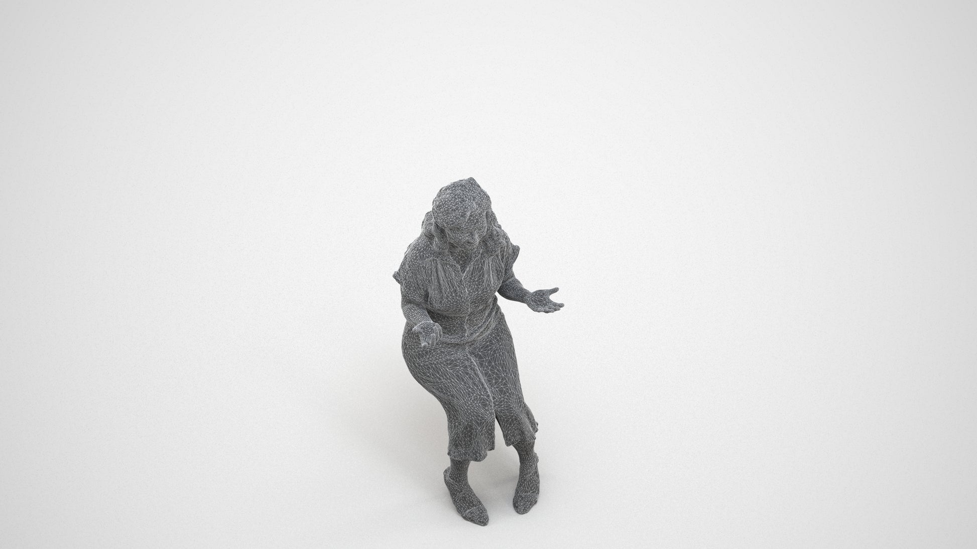3D human model woman casual sitting, photogrammetry scanned person for archviz, wireframe three-quarter view