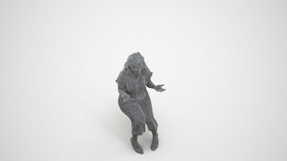3D human model woman casual sitting, photogrammetry scanned person for archviz, wireframe three-quarter view